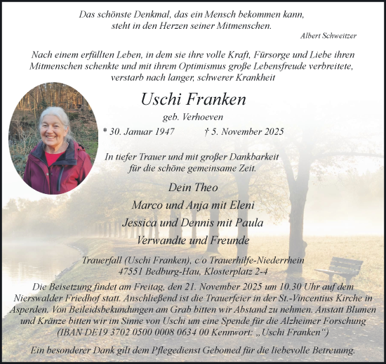 Traueranzeige von Uschi Franken von NNA