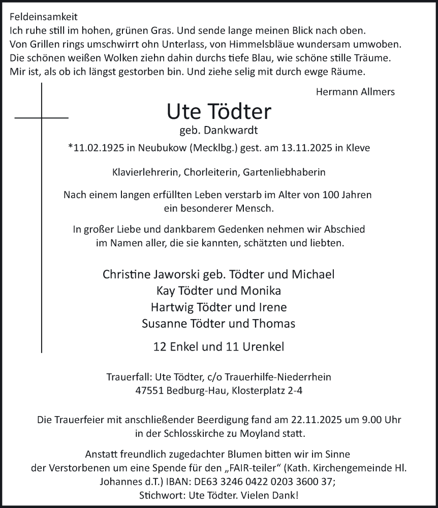  Traueranzeige für Ute Tödter vom 22.11.2025 aus NNA