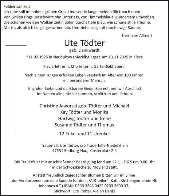 Traueranzeige von Ute Tödter von NNA