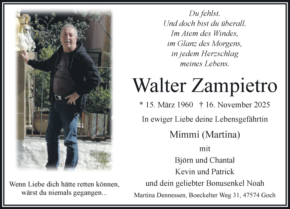  Traueranzeige für Walter Zampietro vom 22.11.2025 aus NNA