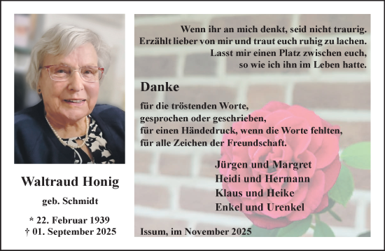 Traueranzeige von Waltraud Honig von NNA