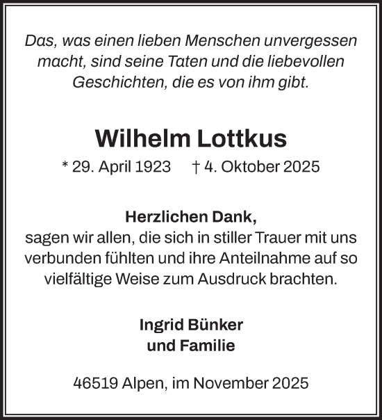 Traueranzeige von Wilhelm Lottkus von NNA