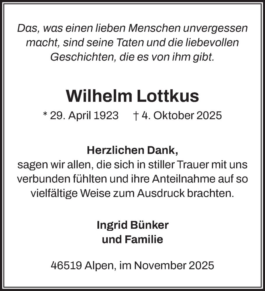  Traueranzeige für Wilhelm Lottkus vom 15.11.2025 aus NNA