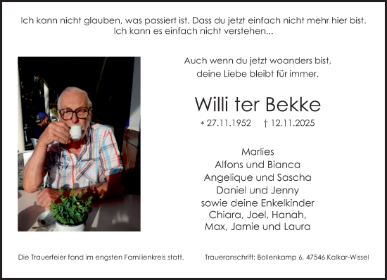Traueranzeige von Willi ter Bekke von NNA
