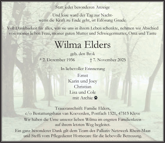 Traueranzeige von Wilma Elders von NNA