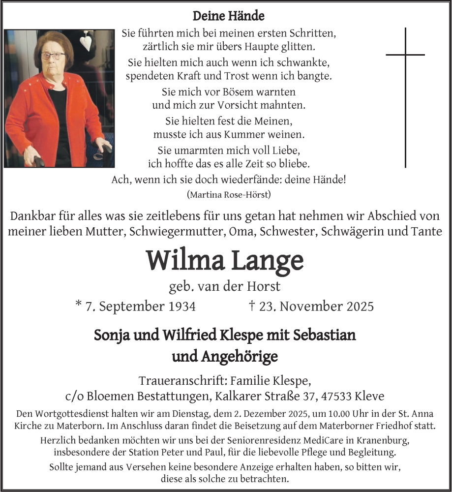 Traueranzeige für Wilma Lange vom 29.11.2025 aus NNA