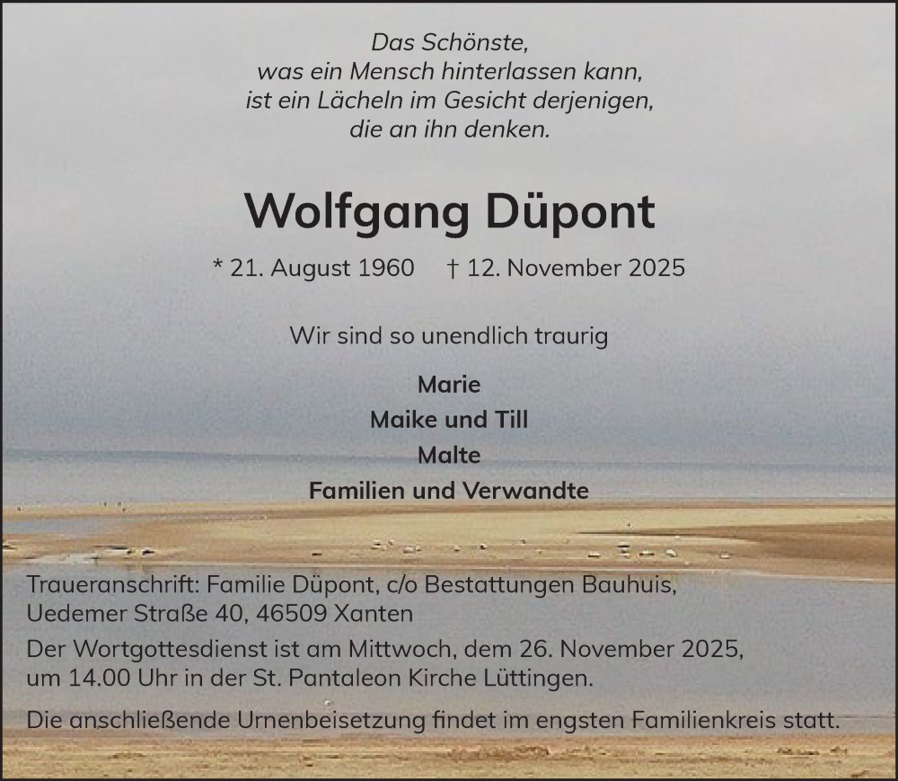  Traueranzeige für Wolfgang Düpont vom 22.11.2025 aus NNA