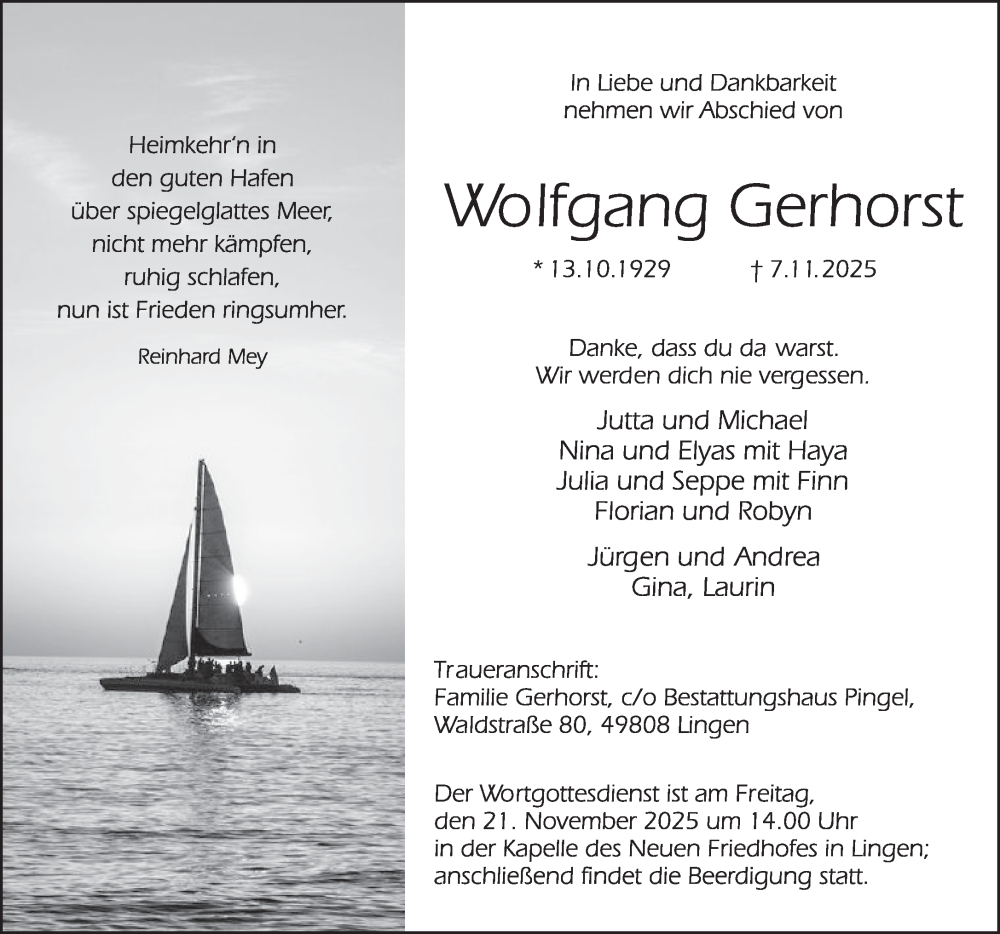  Traueranzeige für Wolfgang Gerhorst vom 15.11.2025 aus NNA