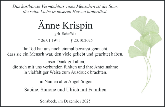 Traueranzeige von Änne Krispin von NNA