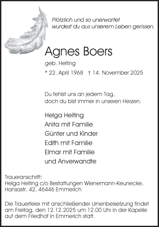 Traueranzeige von Agnes Boers von NNA