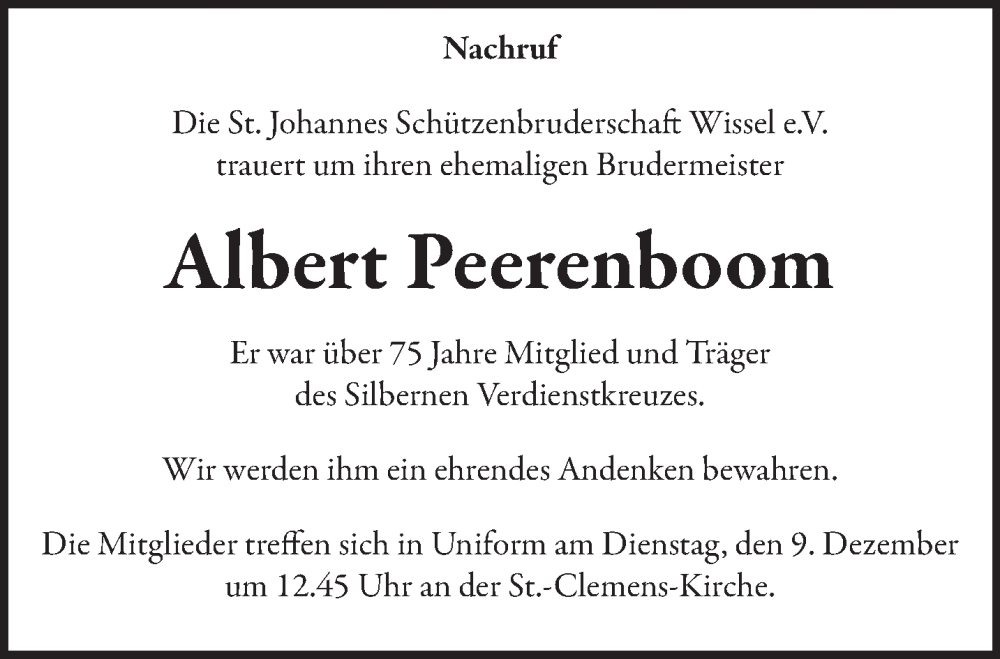  Traueranzeige für Albert Peerenboom vom 06.12.2025 aus NNA