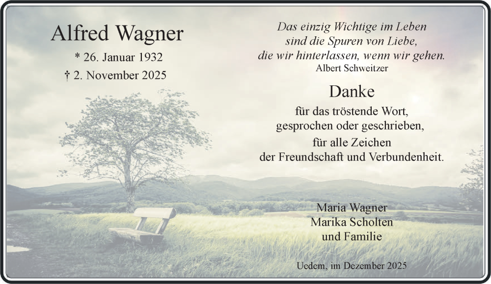  Traueranzeige für Alfred Wagner vom 20.12.2025 aus NNA