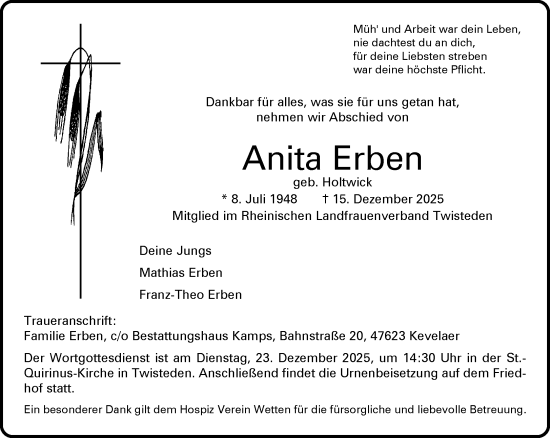 Traueranzeige von Anita Erben von NNA