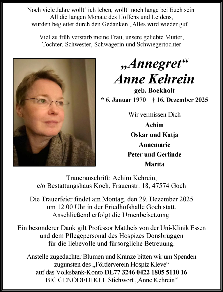  Traueranzeige für Anne Kehrein vom 27.12.2025 aus NNA