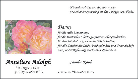Traueranzeige von Anneliese Adolph von NNA