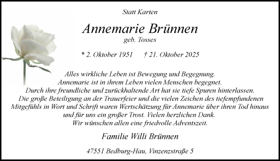 Traueranzeige von Annemarie Brünnen von NNA