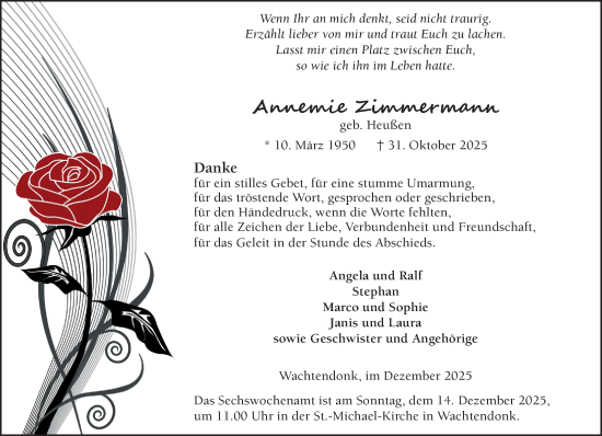 Traueranzeige von Annemie Zimmermann von NNA