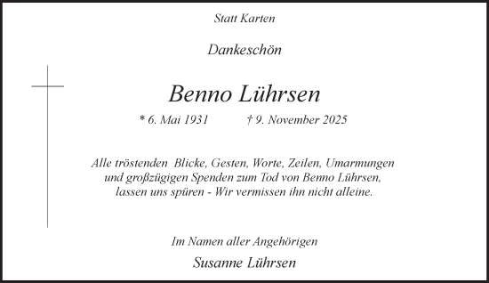 Traueranzeige von Benno Lührsen von NNA