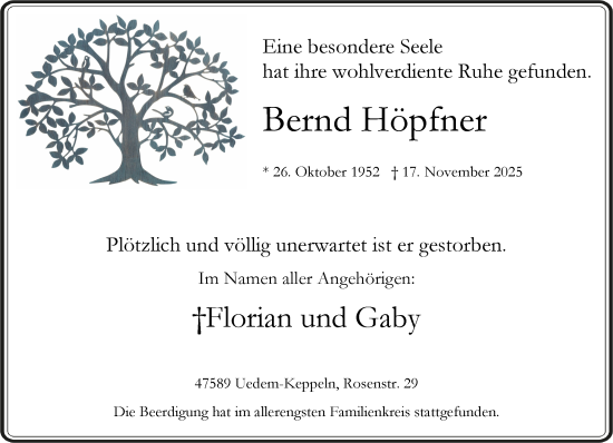 Traueranzeige von Bernd Höpfner von NNA