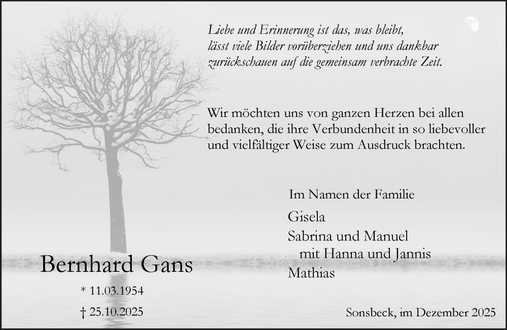  Traueranzeige für Bernhard Gans vom 06.12.2025 aus NNA