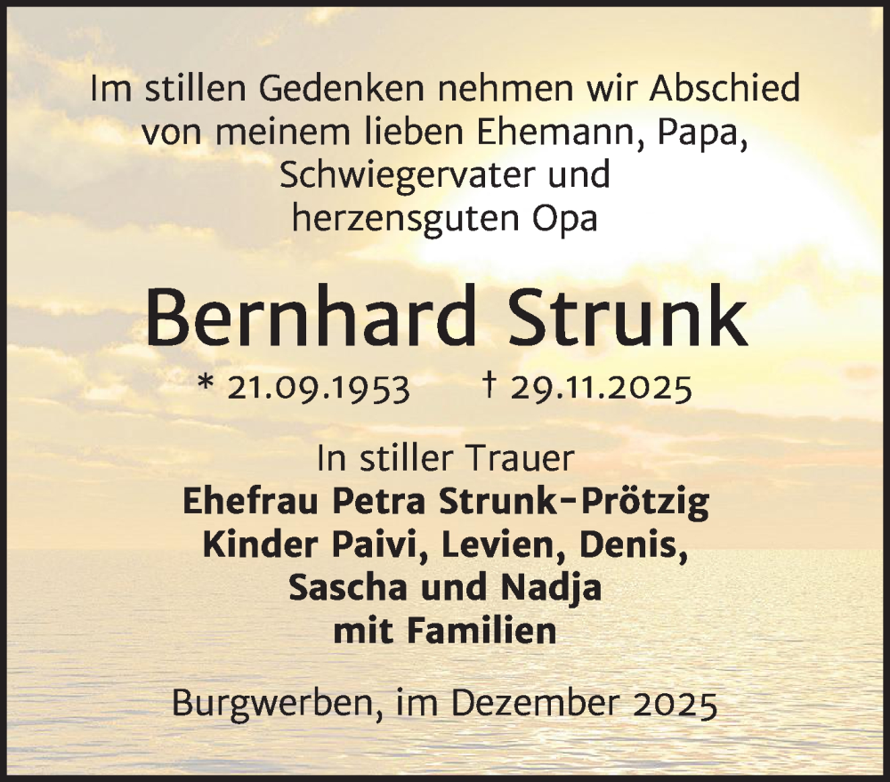  Traueranzeige für Bernhard Strunk vom 13.12.2025 aus NNA