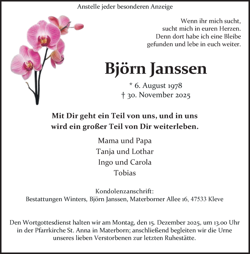  Traueranzeige für Björn Janssen vom 06.12.2025 aus NNA