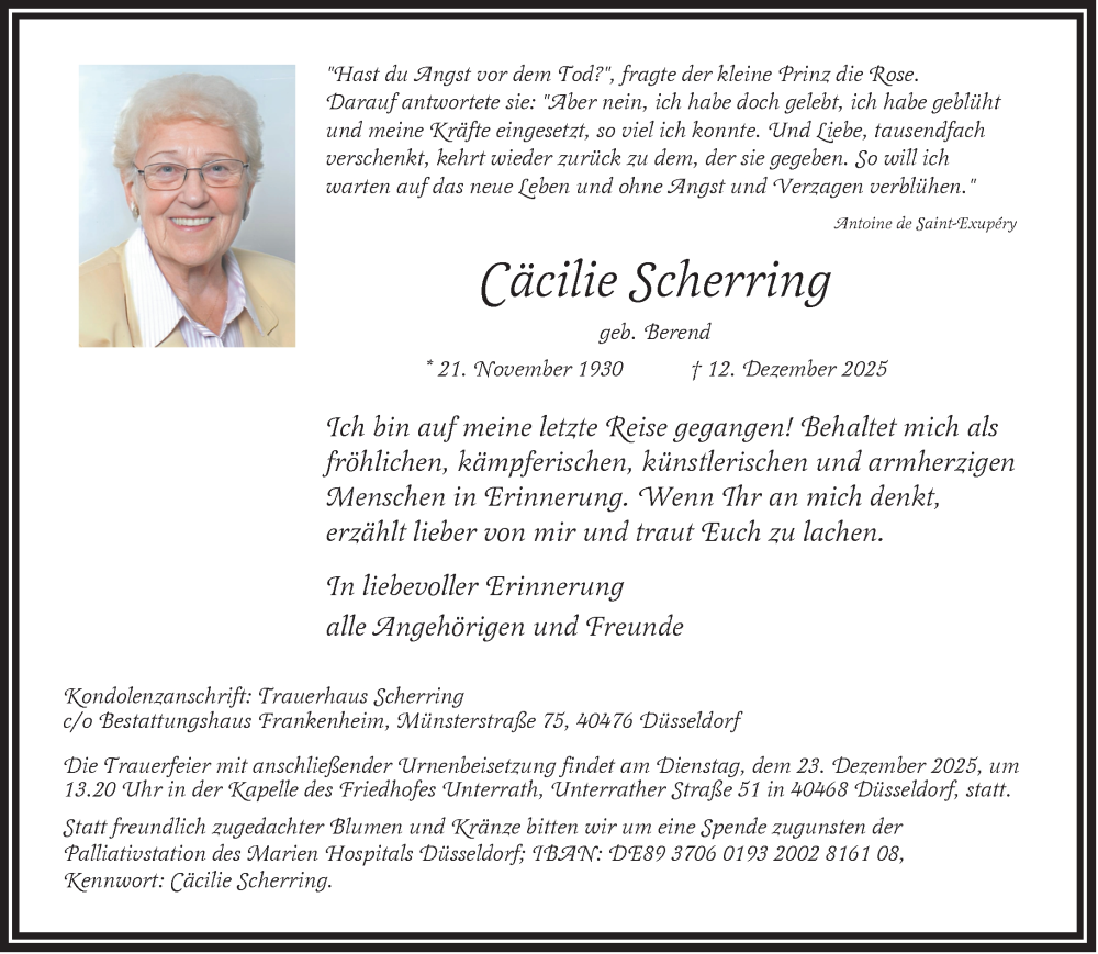  Traueranzeige für Cäcilie Scherring vom 20.12.2025 aus NNA