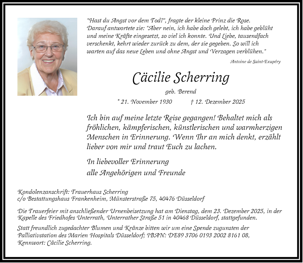  Traueranzeige für Cäcilie Scherring vom 27.12.2025 aus NNA