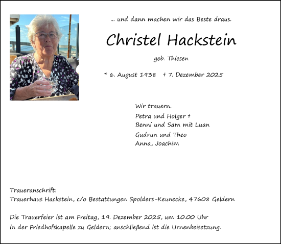 Traueranzeige von Christel Hackstein von NNA
