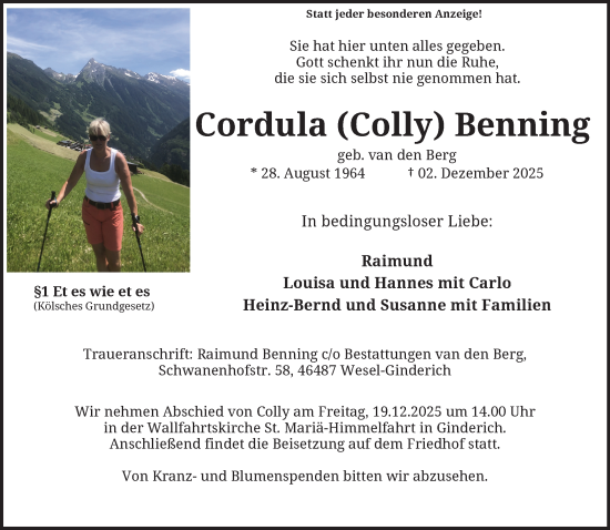 Traueranzeige von Cordula Benning von NNA