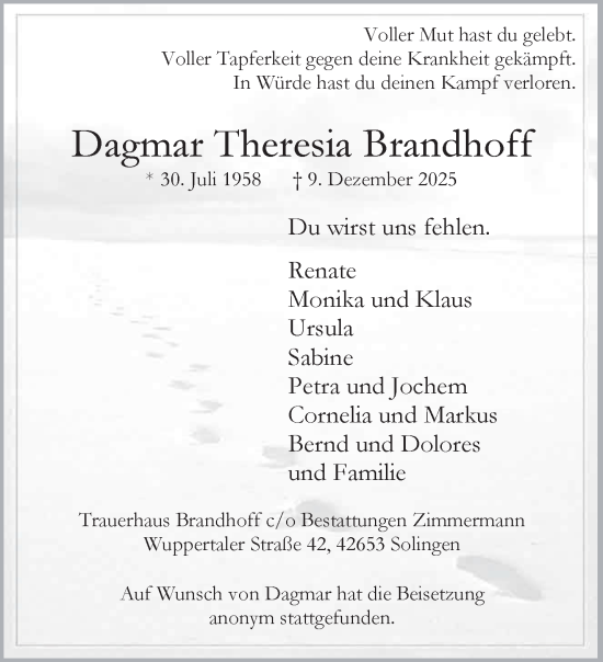 Traueranzeige von Dagmar Theresia Brandhoff von NNA