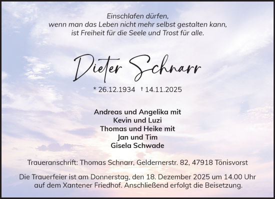 Traueranzeige von Dieter Schnarr von NNA