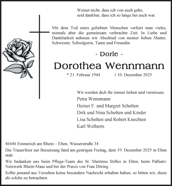 Traueranzeige von Dorothea Wennmann von NNA