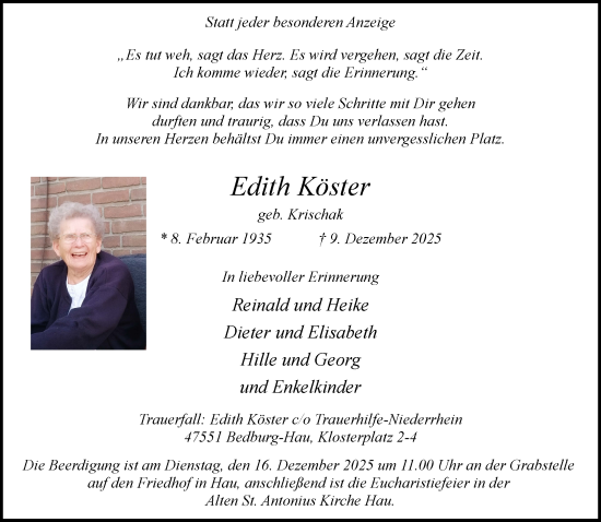 Traueranzeige von Edith Köster von NNA