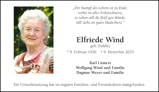 Traueranzeige von Elfriede Wind von NNA