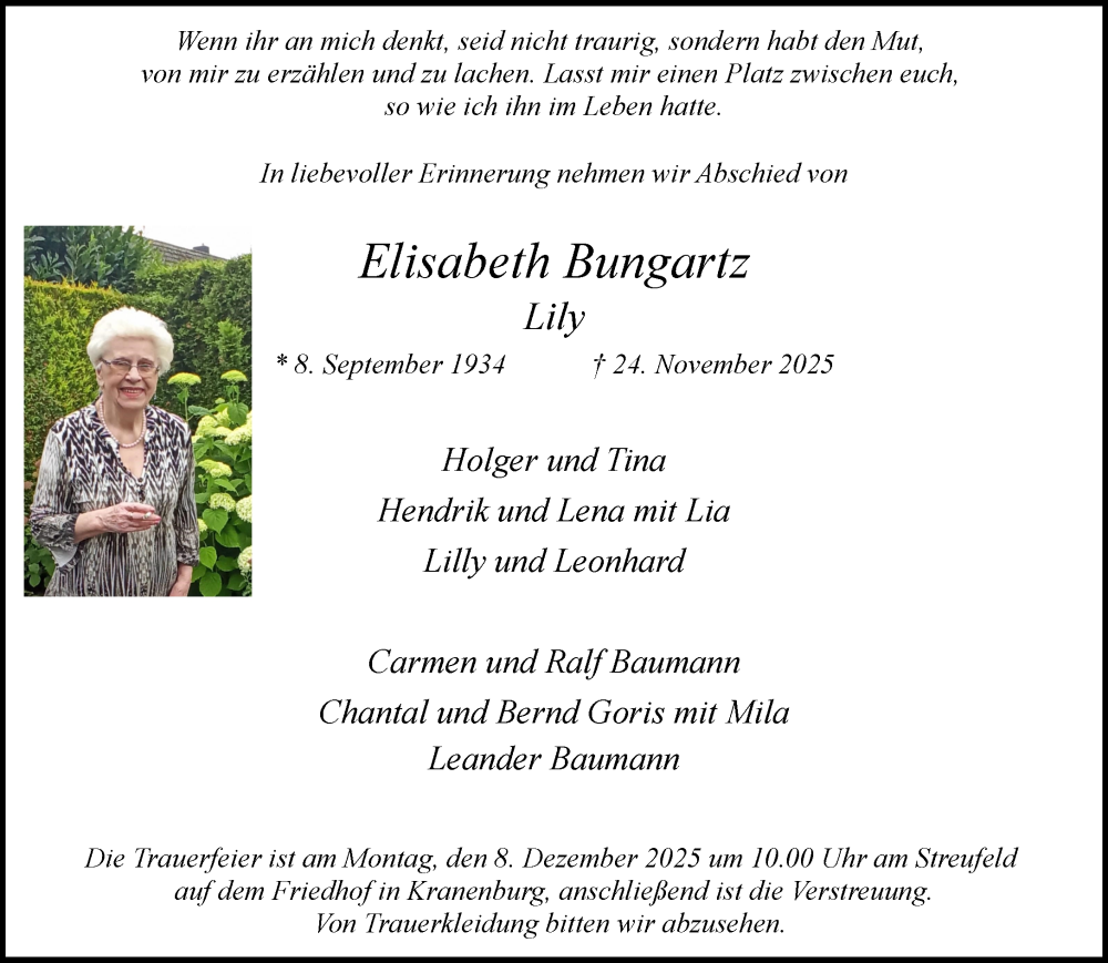  Traueranzeige für Elisabeth Bungartz vom 06.12.2025 aus NNA