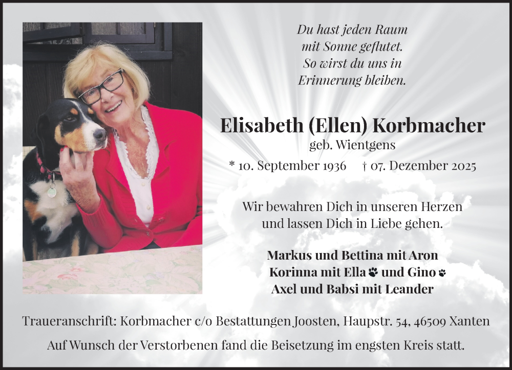 Traueranzeige für Elisabeth Korbmacher vom 20.12.2025 aus NNA