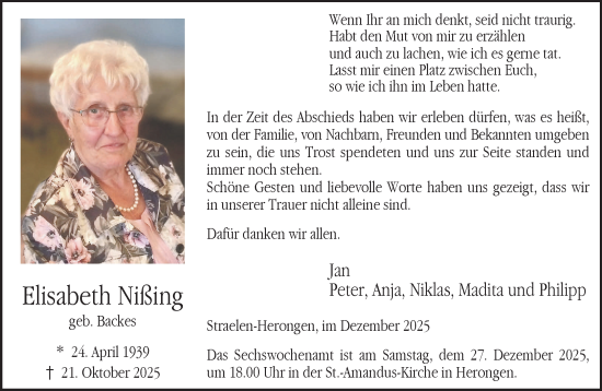 Traueranzeige von Elisabeth Nißing von NNA