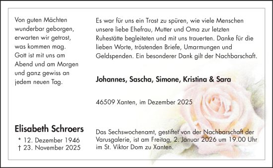 Traueranzeige von Elisabeth Schroers von NNA