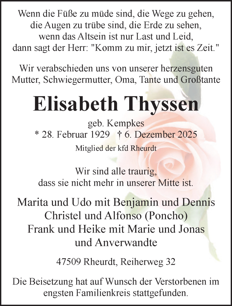  Traueranzeige für Elisabeth Thyssen vom 20.12.2025 aus NNA