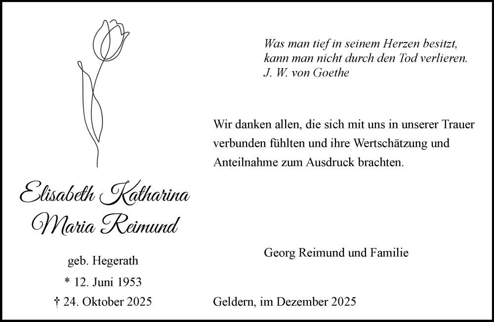  Traueranzeige für Elisabeth Katharina Maria Reimund vom 20.12.2025 aus NNA
