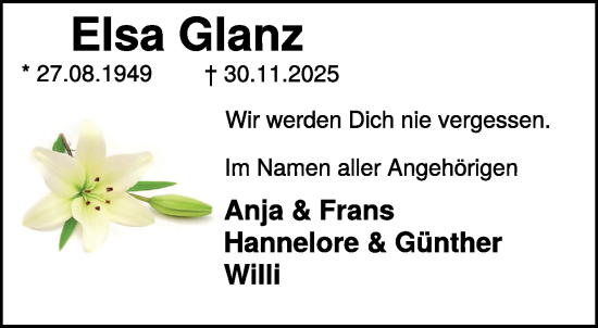 Traueranzeige von Elsa Glanz von NNA