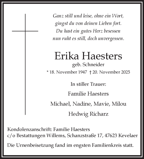 Traueranzeige von Erika Haesters von NNA