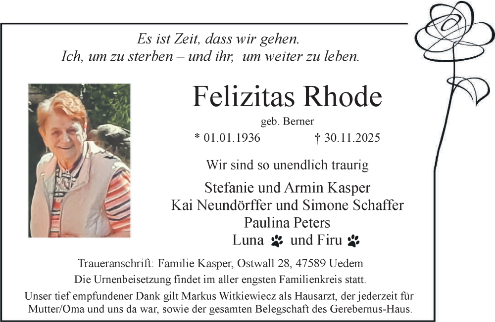  Traueranzeige für Felizitas Rhode vom 06.12.2025 aus NNA