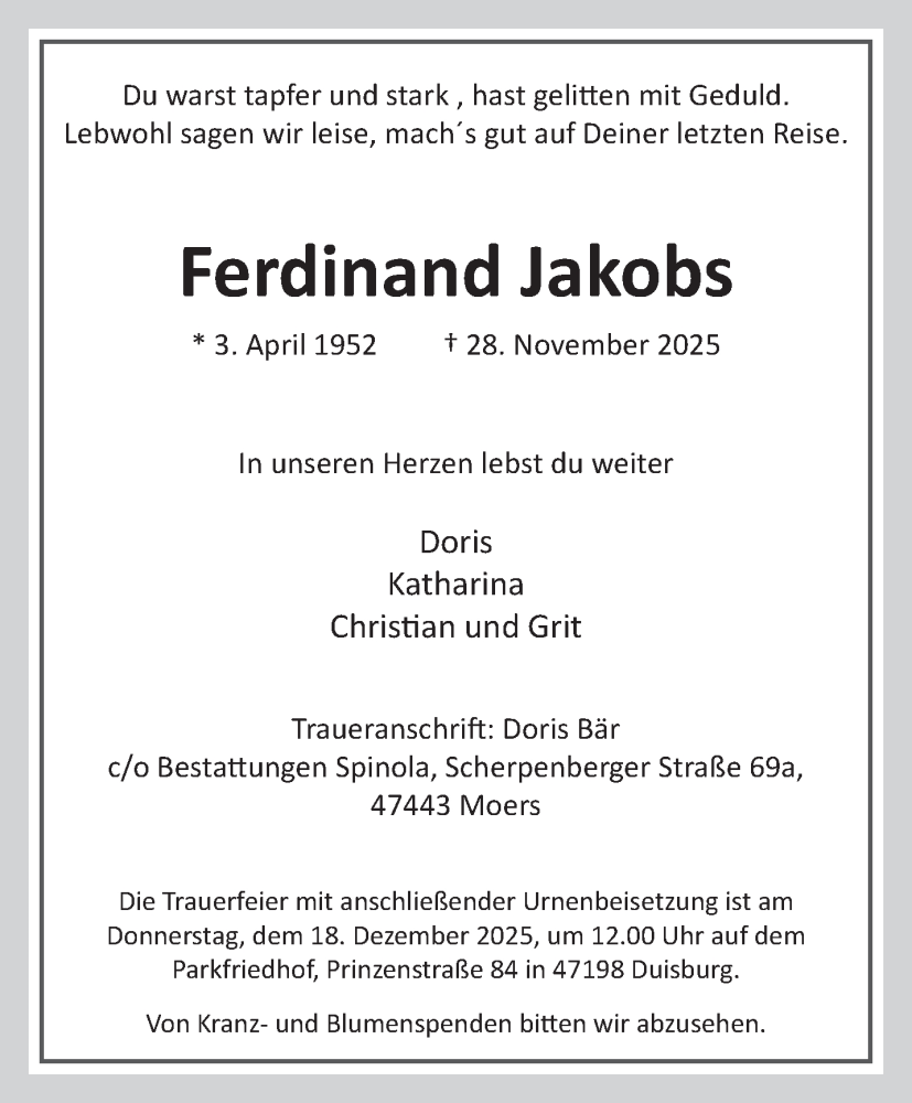  Traueranzeige für Ferdinand Jakobs vom 06.12.2025 aus NNA