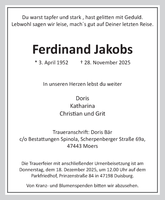 Traueranzeige von Ferdinand Jakobs von NNA
