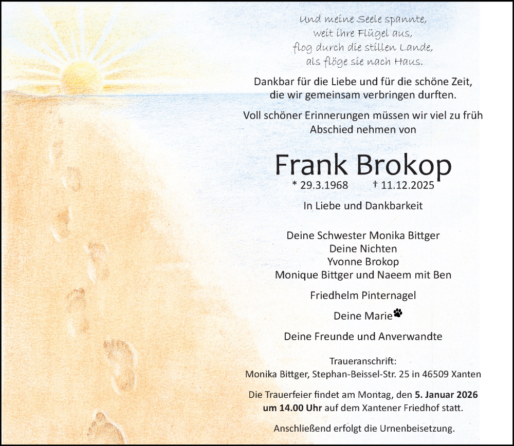  Traueranzeige für Frank Brokop vom 27.12.2025 aus NNA