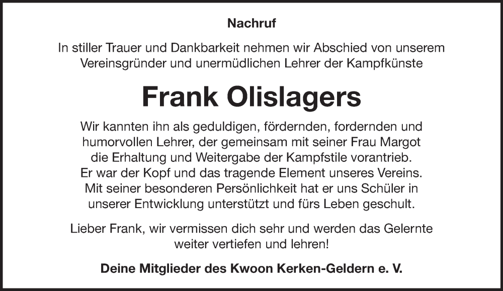  Traueranzeige für Frank Olislagers vom 20.12.2025 aus NNA