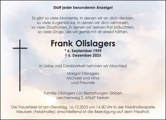 Traueranzeige von Frank Olislagers von NNA
