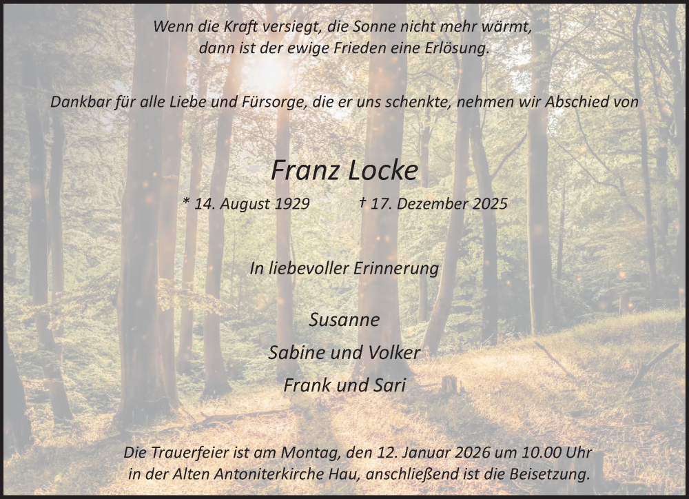  Traueranzeige für Franz Locke vom 27.12.2025 aus NNA
